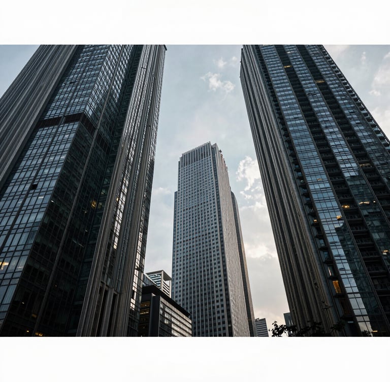A low-perspective, high-contrast shot of modern Jakarta skyscrapers under cool, sharp office lighting, emphasizing architectural authority.