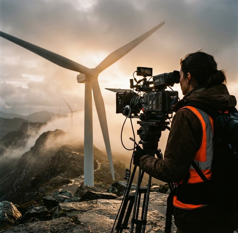 Behind-the-shoulder shot of a professional camera operator filming a massive wind turbine rotor on a misty mountain, high-contrast dramatic side-lighting, warm coffee and safety-orange tones, 35mm film grain.