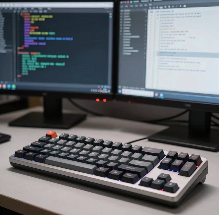 Macro high-contrast shot of a clean developer workspace in Toronto, a mechanical keyboard in the foreground, dual monitors displaying structured system architecture diagrams and clean code blocks, cool crisp studio lighting.
