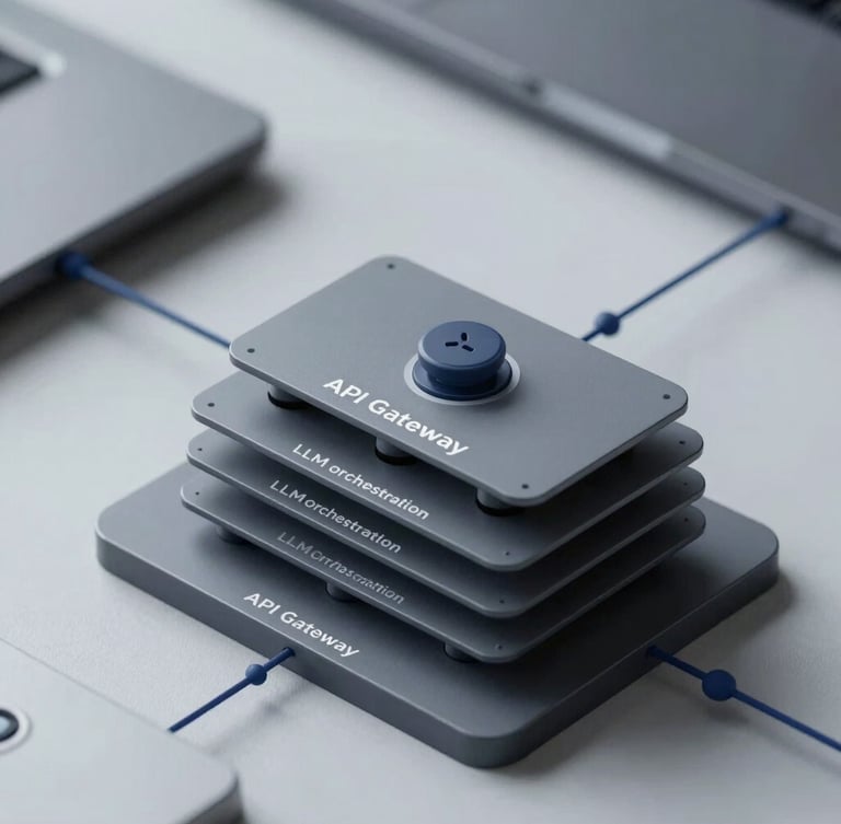 A structured, clean system architecture diagram displaying data flow between an API gateway, an LLM orchestration layer, and an enterprise database. High-contrast developer-grade interface mockup with crisp slate-gray and navy lines, cool studio lighting, macro perspective, shallow depth of field.