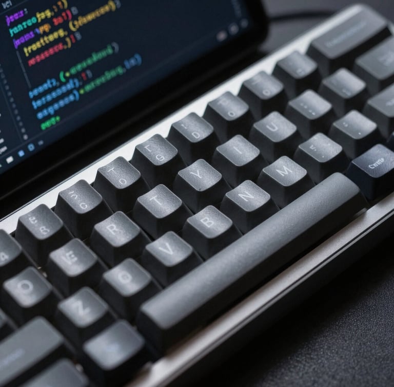 Macro shot of a clean, high-contrast code editor on a mechanical keyboard, cool slate-gray and deep navy lighting, shallow depth of field.