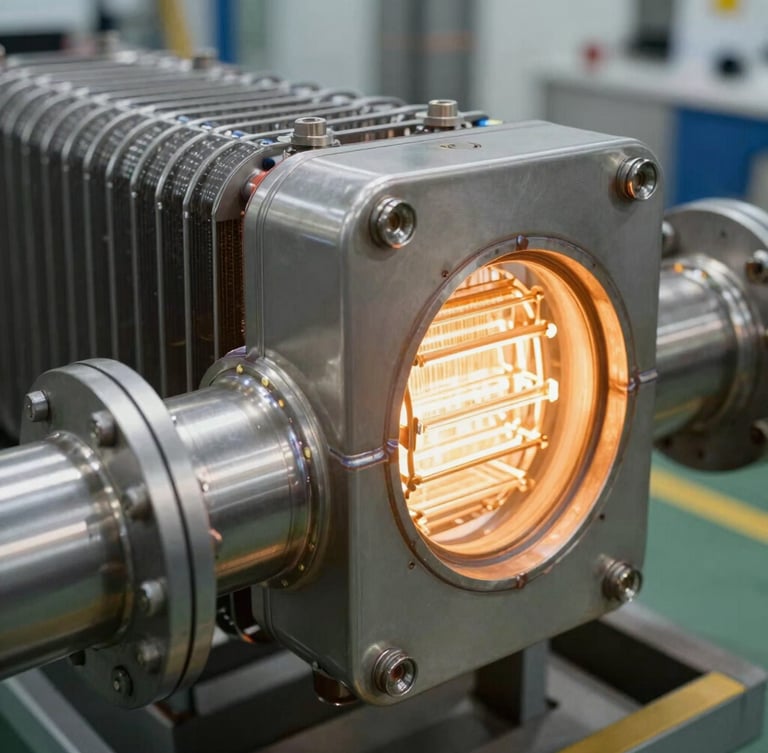 Close-up of a high-efficiency heat exchanger, clean industrial welds, glowing warm amber light from a thermal element, sharp focus, 35mm.