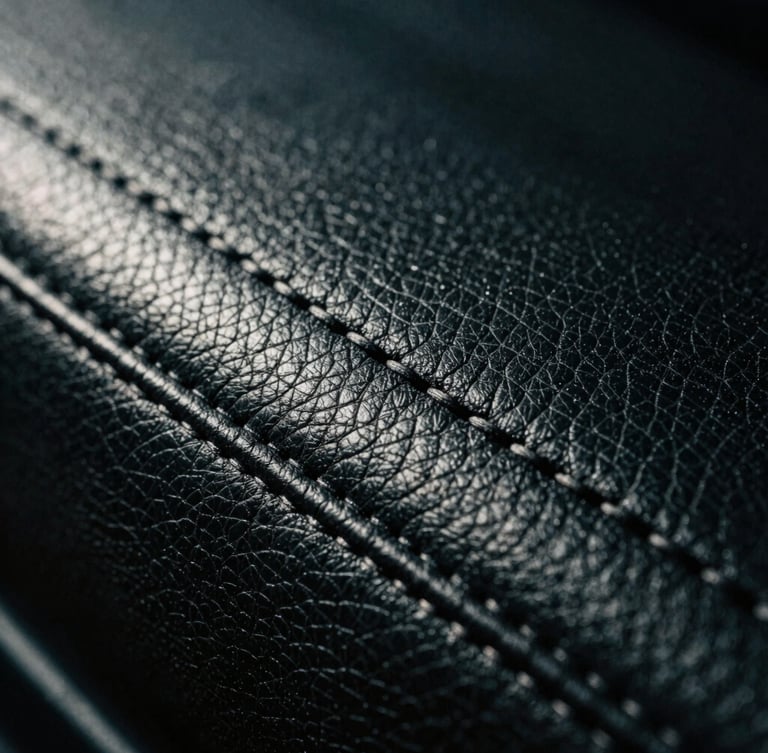 Macro close-up of premium black leather stitching and heavy-grain texture, dramatic trackside paddock lighting, metallic highlights, 35mm film grain