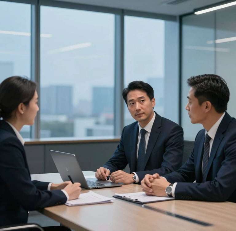 Modern corporate office meeting room, professional negotiators discussing calmly, soft blue hour light, premium business environment