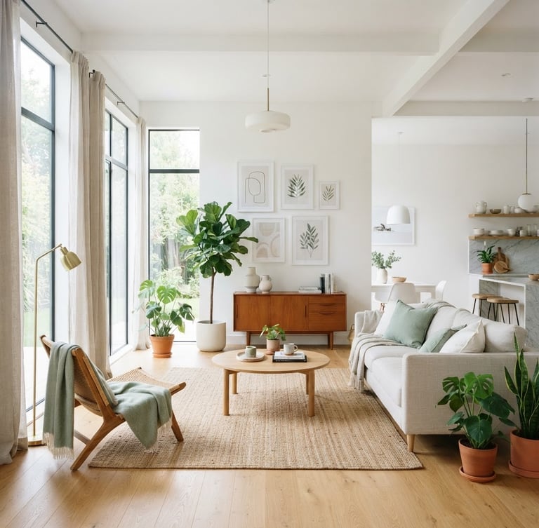 Wide environmental shot of a pristine, sunlit living room with crisp white walls and natural daylight, 35mm lens, high-key lighting.