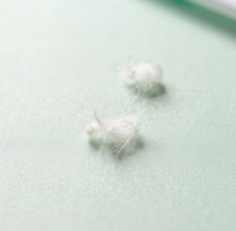 Macro shot of clean, sanitized upholstery fibers under bright natural daylight, crisp focus, showing clinical cleanliness, soft green and white tones.