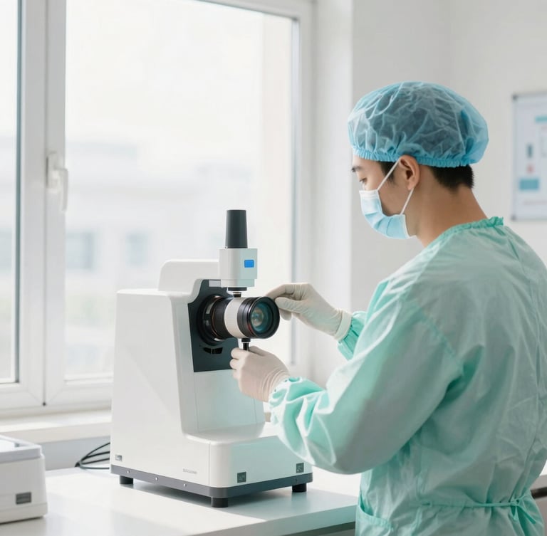 A professional technician wearing a clean uniform and gloves operating a specialized molecular air neutralization machine inside a sunlit room, bright high-key lighting, 35mm lens.