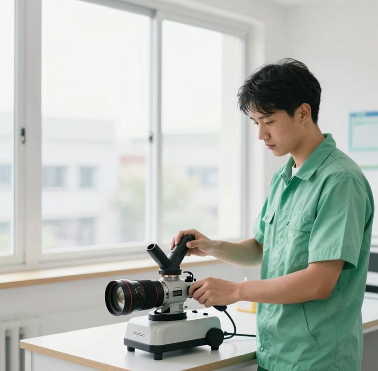 Medium shot of a technician in a clean uniform operating specialized remediation equipment in a bright, airy commercial space, crisp natural daylight.