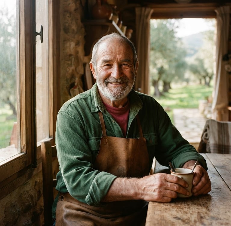 Portrait of an elderly Spanish olive farmer smiling warmly, soft morning window light, olive trees blurred in the background, warm editorial style, 35mm lens