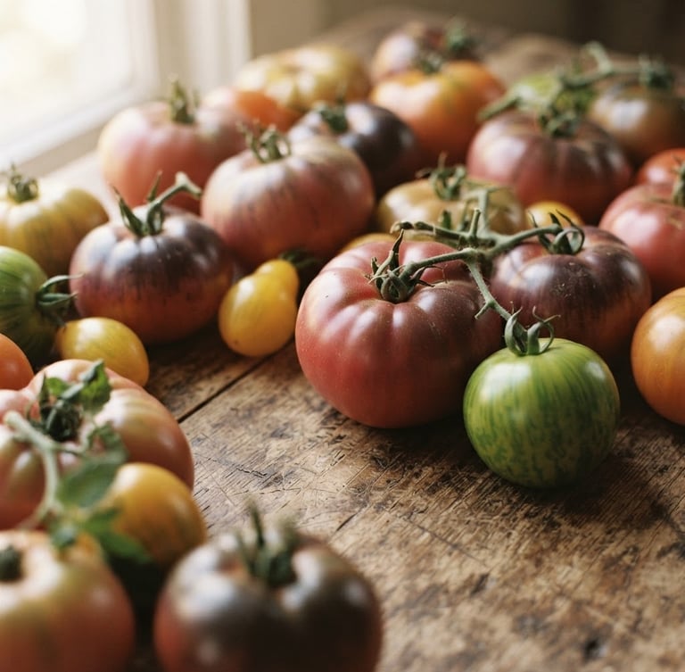 Close-up of fresh heirloom tomatoes on a rustic wooden table, soft morning side light, warm editorial style, 35mm lens
