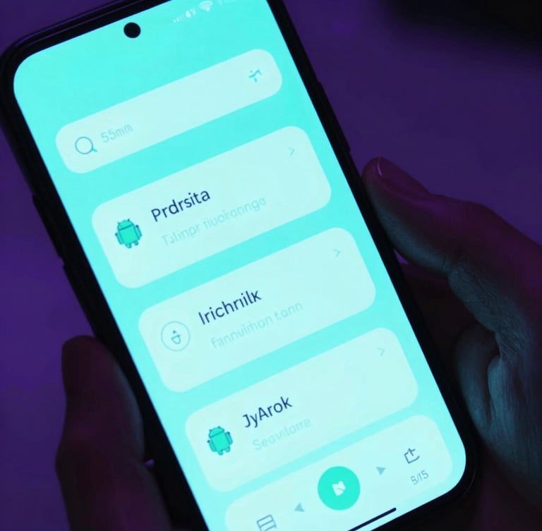 A close-up high-fidelity Android device mockup displaying a sleek neon-cyan productivity dashboard interface, dark moody studio lighting with violet backlights, 35mm