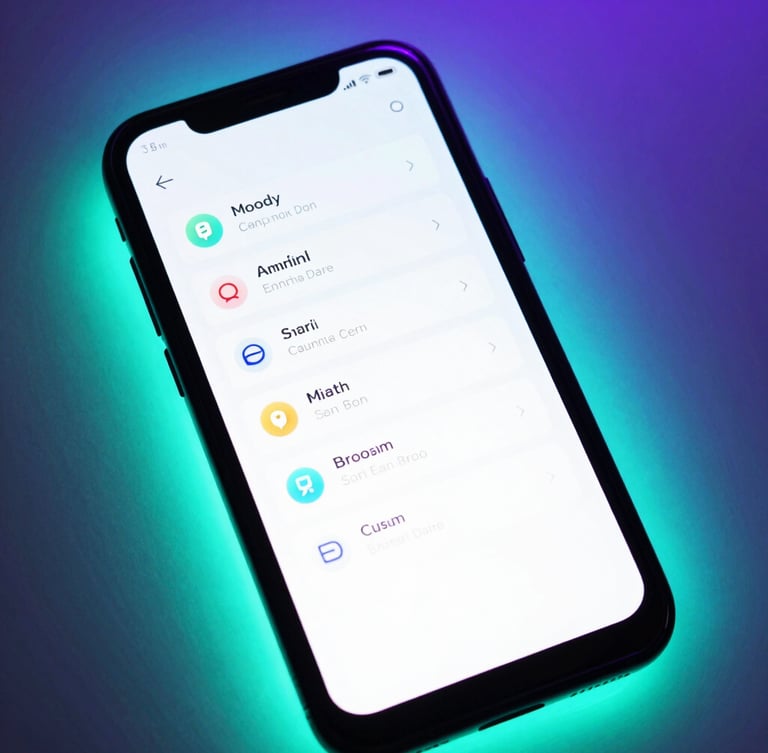 Moody tech photography of a high-contrast Android device mockup displaying a clean vector UI layout, illuminated by vibrant neon cyan backlighting, 35mm lens, close-up angled shot.