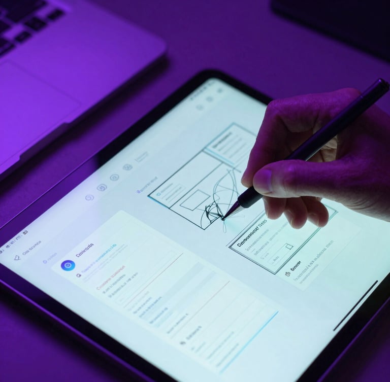 Close-up macro shot of a developer's hand sketching UI wireframes on a glowing tablet screen, moody studio lighting with vibrant electric violet backlighting, 35mm.
