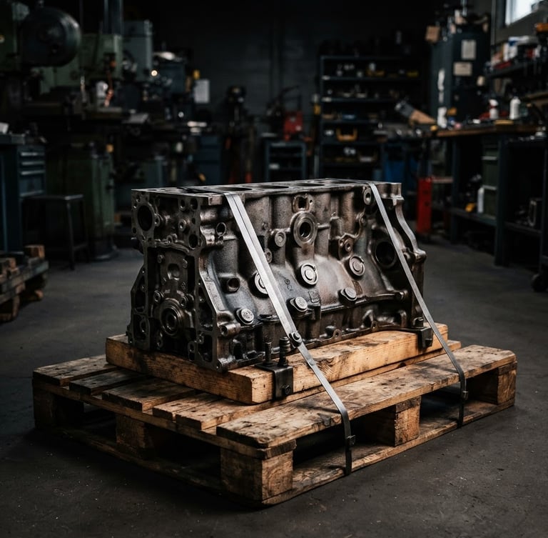 High-contrast, side-lit image of a clean, unpolished engine block secured on a shipping pallet in an organized, industrial workshop. Sharp focus on metallic textures, 50mm lens.