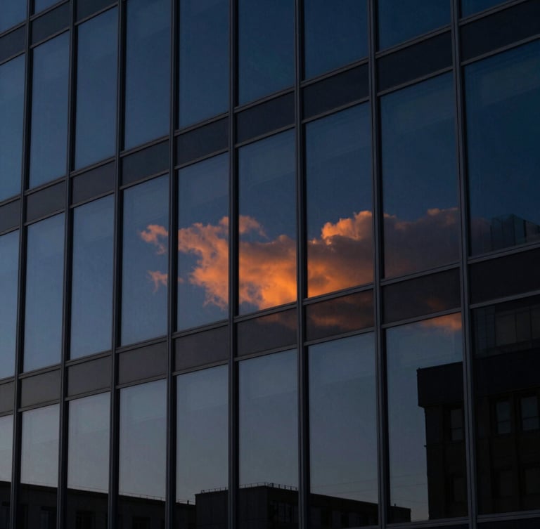 Extreme close-up of a modern architectural glass facade reflecting deep navy blue sky with a sharp orange sunset light leak, highly structured grid lines, dramatic shadows, editorial corporate photography style.