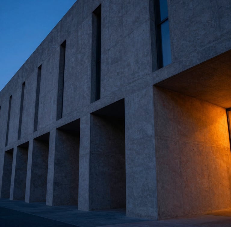 Wide-angle architectural shot of a modern concrete building facade with sharp geometric shadows, cool ambient blue twilight tones with a warm orange light leak on the right, 35mm lens