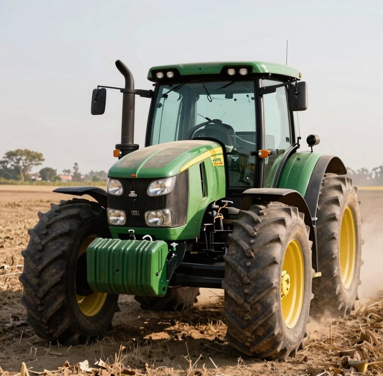 Vista frontal de un tractor John Deere en un campo de cultivo mexicano, con el sol de la mañana iluminando el metal y el polvo, en un encuadre de retrato que sangra a la derecha.