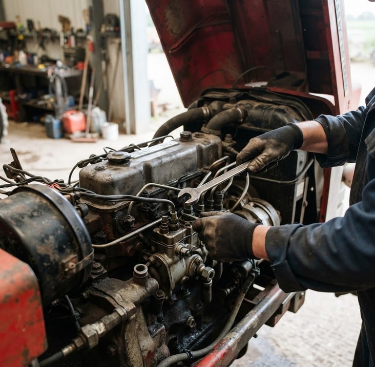 Close-up of a tractor engine bay being serviced by a mechanic's hands, tools visible, bright natural daylight, sharp focus on mechanical details.