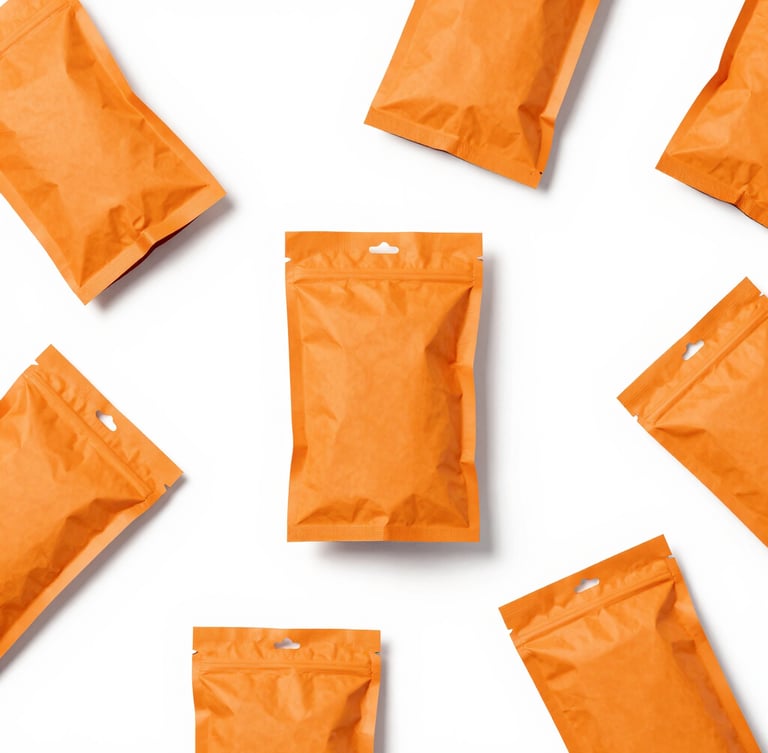 Vibrant high-key flat-lay of household essentials, orange packaging, clean pastel background, bright studio light