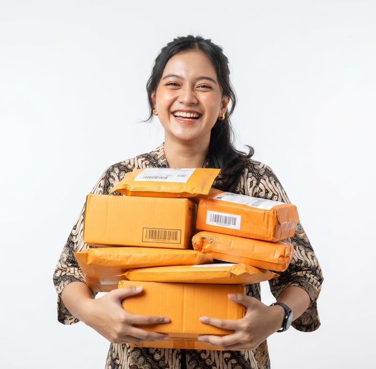 Bright high-key studio photo of a happy Indonesian customer holding multiple orange delivery packages, smiling directly, clean white background, crisp studio light