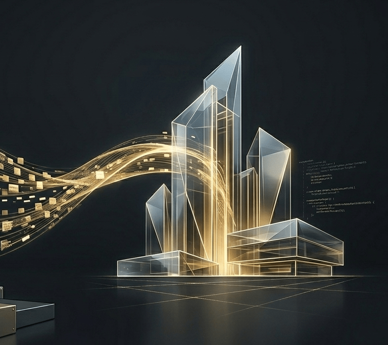 Abstract glowing digital cityscape representing integration of scalable digital ecosystems.