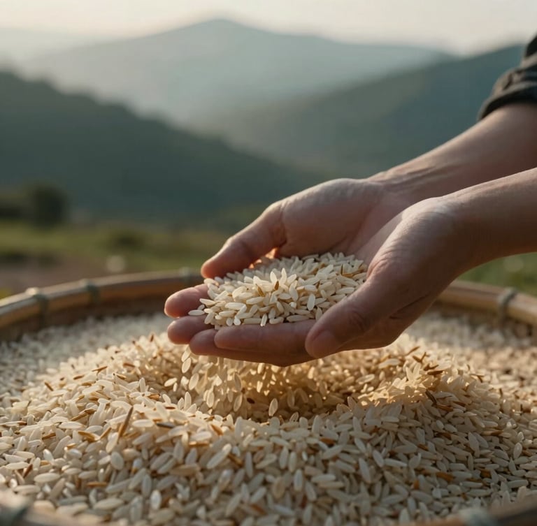 Close-up of hands gently winnowing long-grain rice in soft morning sunlight, misty Himalayan foothills in the distant background, warm golden highlights, editorial style