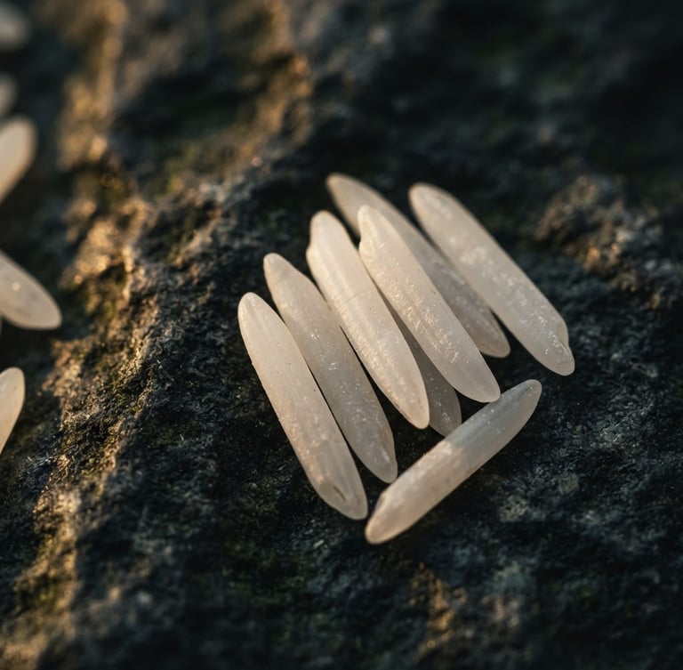 Macro photograph of extra-long raw rice grains resting on dark textured stone, dramatic side-lighting with warm golden highlights catching the pristine white grain texture.