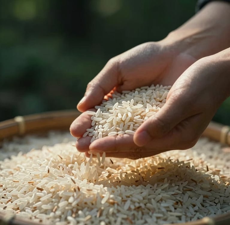Close-up of hands gently winnowing long white rice grains in soft golden sunlight, dark forest green background, moody editorial food photography.
