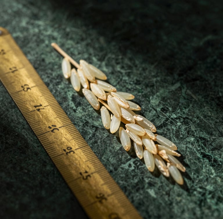 A single, incredibly long raw rice grain placed next to a vintage brass measuring ruler on dark green marble, dramatic side-lighting catching the translucent texture