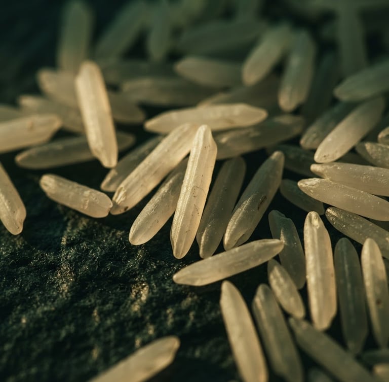 Moody editorial food photography, extreme macro close-up of raw extra-long basmati rice grains resting on dark textured stone, dramatic golden-hour side-lighting, deep forest green shadows