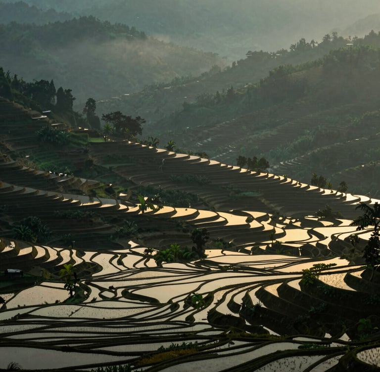Misty Himalayan foothills at dawn, terraced rice paddies reflecting soft golden-hour light, low-key atmospheric landscape photography, deep green and warm ivory tones