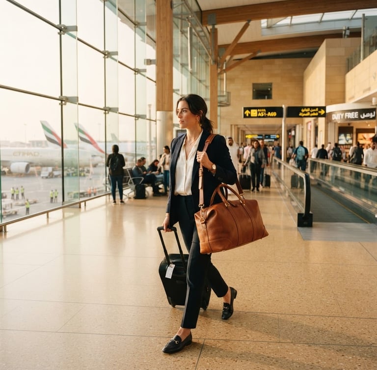 A professional in transit carrying a leather bag, walking through a modern, sunlit international airport terminal, warm sand tones, 35mm lens.