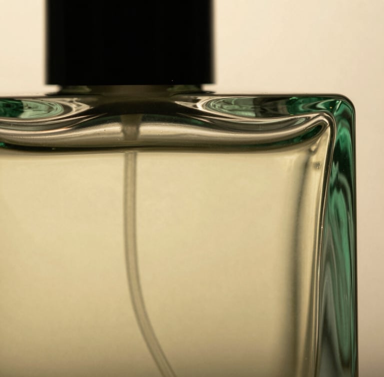 Macro shot of a minimalist glass perfume bottle catching warm golden-hour light, deep emerald and champagne tones, highly detailed glass texture, soft shadows, editorial luxury photography