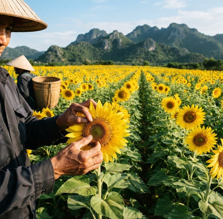 Wide shot of a vibrant sunflower field under bright morning daylight in Tay Ninh, Vietnam, with a farmer's hands gently inspecting a blooming sunflower in the left foreground, forest green mountains in the distant background, authentic agricultural photography, sharp focus, 35mm