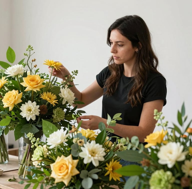 Portrait shot of a professional event designer reviewing floral arrangements on-site, natural morning light, clean background, focus on the designer and flowers.