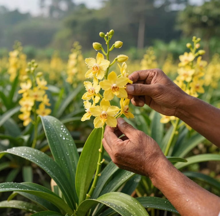 Cận cảnh bàn tay nông dân đang kiểm tra một bông lan Mokara nở rộ, lá xanh tươi, giọt sương đọng trên cánh hoa, ánh sáng tự nhiên, nền vườn mờ.