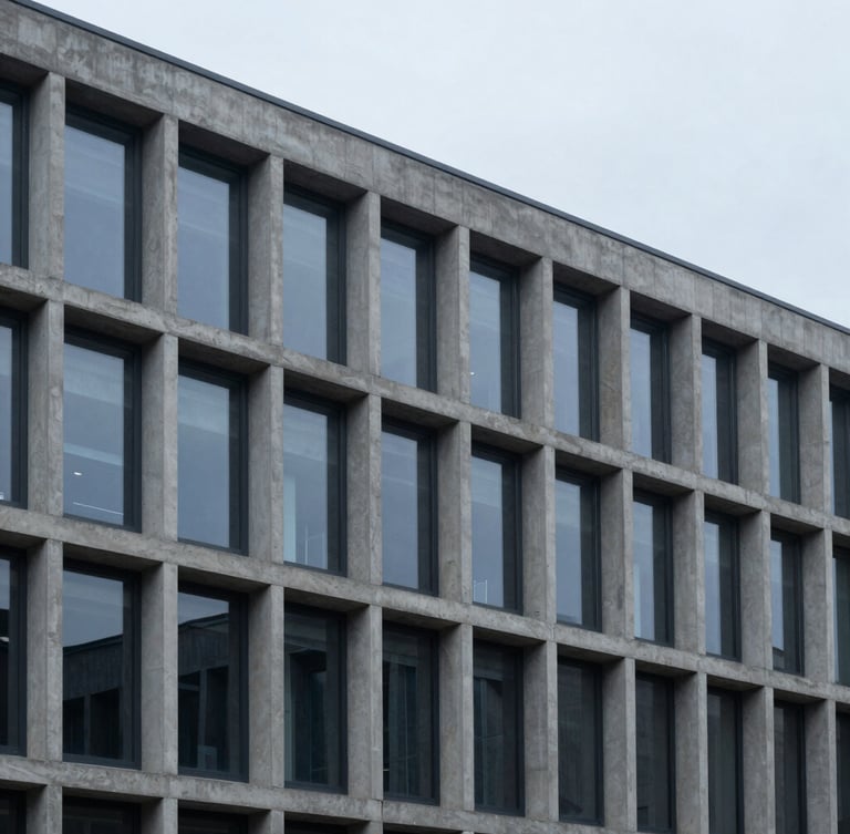 Minimalist architectural photography of a modern concrete and steel corporate headquarters facade, sharp structural lines, cool overcast daylight, desaturated blue tones, 35mm.