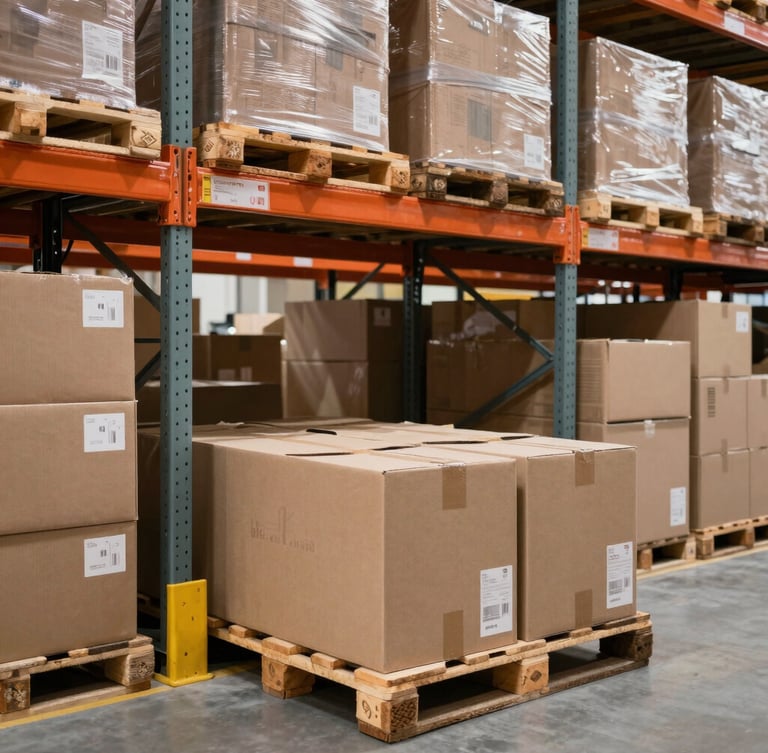 Straight-on, high-contrast industrial shot of neatly stacked wooden pallets with cardboard boxes in a clean warehouse, bright daylight, 35mm lens