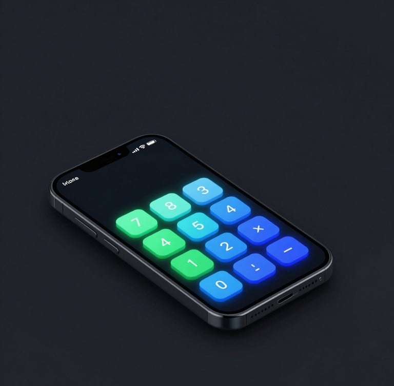 Sleek 3D render of a minimalist Android phone screen displaying a dark mode calculator interface, neon blue and green accents, low-key studio lighting, isometric view