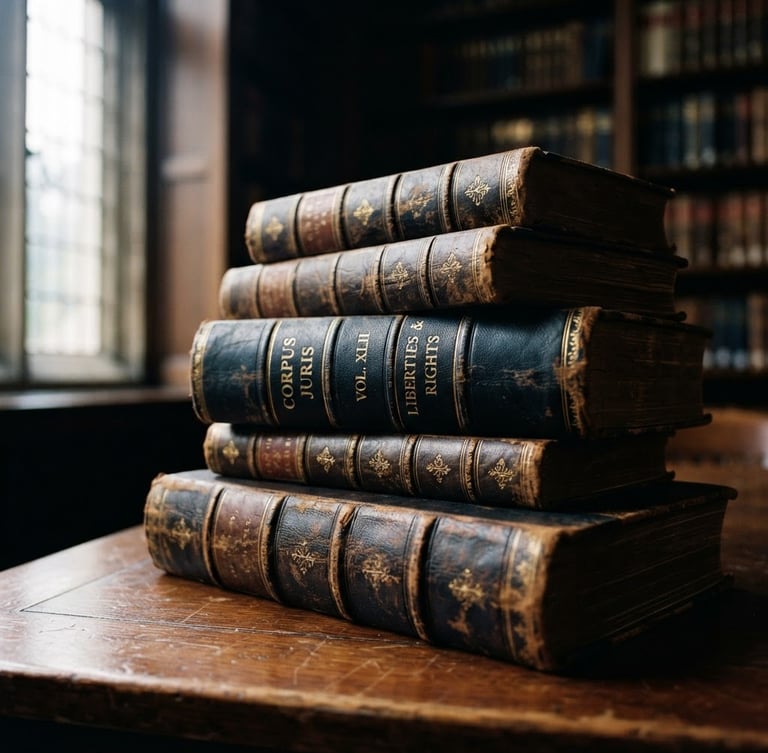 Close-up of classic leather-bound legal volumes stacked on a polished wooden desk, soft dramatic window light creating deep shadows, deep navy and warm brass tones, shallow depth of field, 50mm.