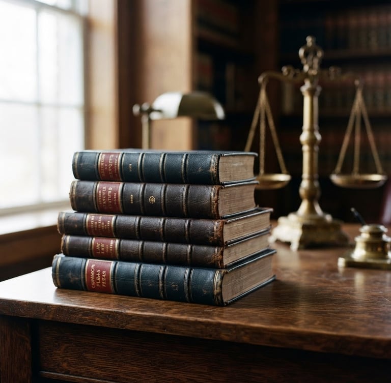 Classic leather-bound legal volumes stacked on a dark wood desk, with a brass scale of justice in soft focus in the background, illuminated by soft window light, deep navy and warm brass tones, shallow depth of field, 50mm