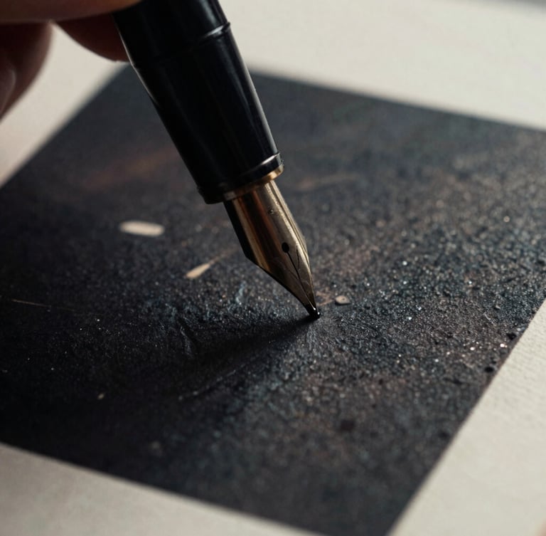 Macro shot of a black fountain pen tip writing directly over a dark, moody photographic page, wet ink drying on textured paper, low-key dramatic side-lighting, 35mm film grain