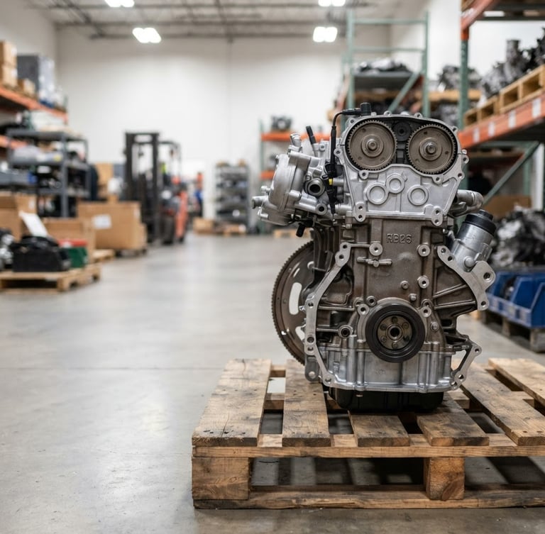 Clean, low-mileage JDM engine block on a wooden pallet under bright overhead warehouse lighting, sharp focus, metallic tones, side view, right third of frame