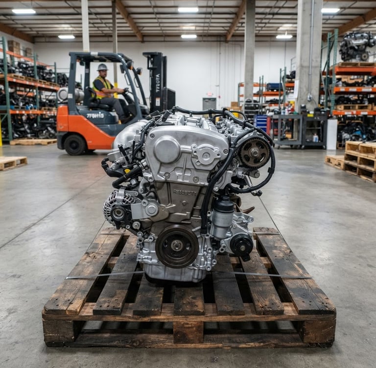 Overhead shot of a clean, organized JDM engine block on a wooden pallet in a brightly lit industrial warehouse, with a forklift in the background, sharp focus, technical style.