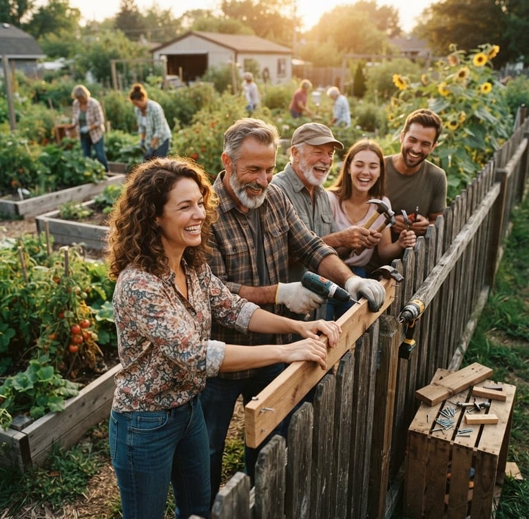 Warm documentary photography, natural golden-hour sunlight, rich earthy tones, candid human moments, 35mm film aesthetic. A diverse group of neighbors laughing while repairing a community garden fence, hands working together, focus on shared effort, wide shot with fence on the right.