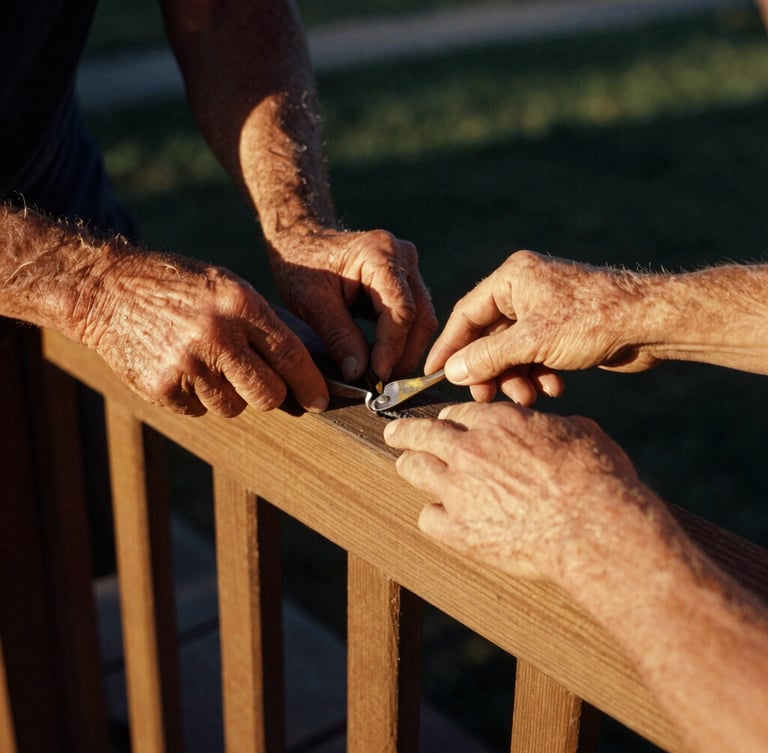 Close-up warm documentary photograph of two pairs of hands, one older, one younger, working together to repair a wooden porch railing, tools visible, natural golden-hour sunlight, rich earthy tones, candid human moment, 35mm film aesthetic. Portrait aspect.
