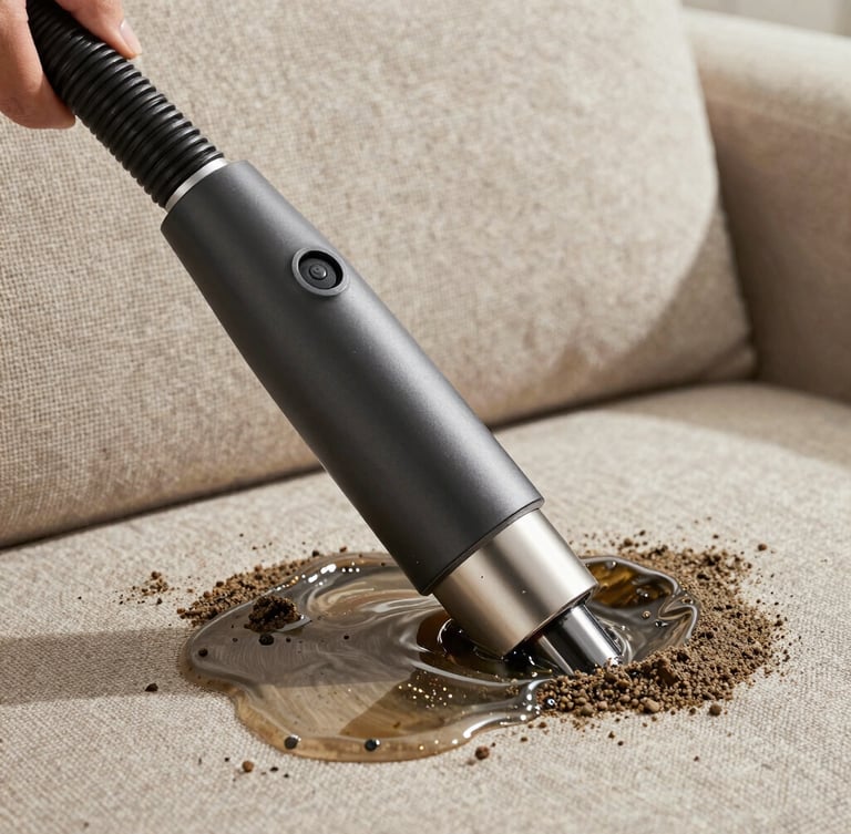 Extreme close-up of a professional extraction nozzle pulling dark water and sand out of a coastal-style linen sofa fabric, showing the clean texture underneath