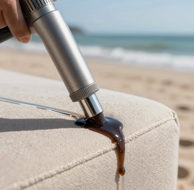 Extreme macro close-up of a professional extraction nozzle drawing dark, dirty water from a light beige linen sofa fabric, bright coastal daylight, clinical clean water line visible.