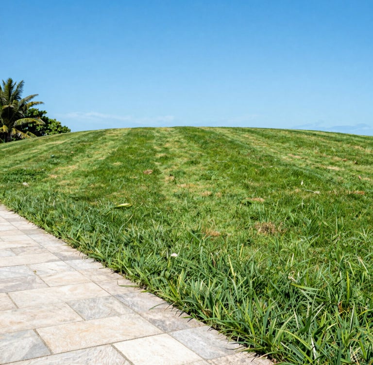 Lush, freshly mowed green lawn of a beach house in Imbituba against a bright blue sky, clean stone pathway on the side without any weeds