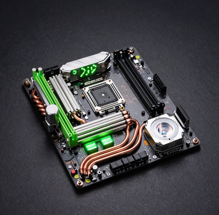 Macro shot of a high-end motherboard, glowing neon green LED backlights, clean copper heat pipes, dark slate gray background, professional studio lighting, 35mm lens